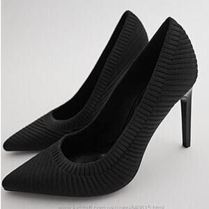 Zara Black Ribbed Fabric Stretch High Pointy Toe Pumps Heels Size 38